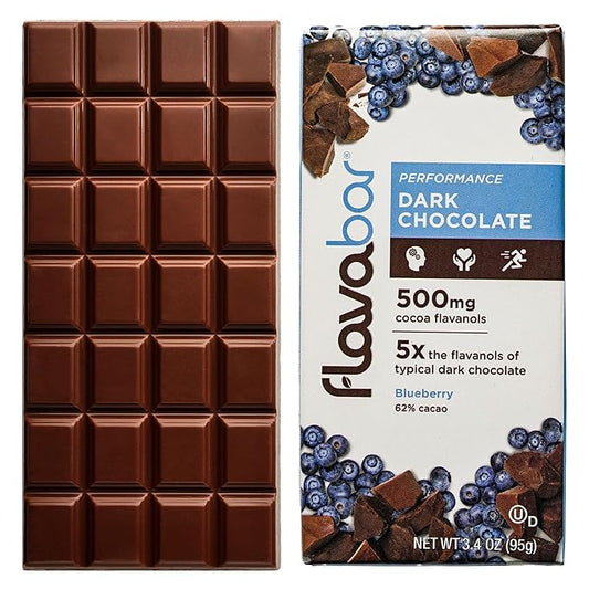 FlavaBar Performance Dark Chocolate | 500mg Cocoa Flavanols | Blueberry | 6 Pack, 3.4 oz bars
