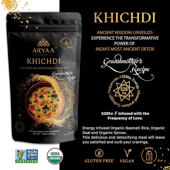 Aryaa Organic Khichdi 1.15lb (4 pack/220g) - Makes 16 Cups | Indian Risotto: Basmati Rice, Lentils & Spices, Organic, Gluten-Free, Non-GMO, Vegan, No Preservatives