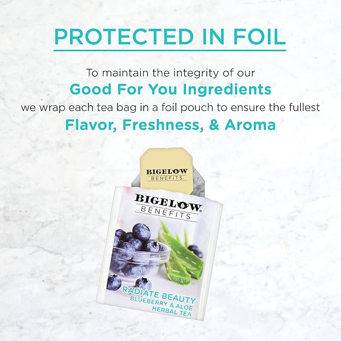 Bigelow Tea Benefits Radiate Beauty Blueberry and Aloe Herbal Teabags Box, Caffeine Free, 18 Count, Pack of 6