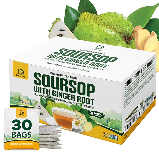 DEDICAD Soursop Leaves Tea Bags with Ginger, 30 Tea bags, 2gr/bag - Non-GMO/Caffeine free - Support Digestion, Well Skin, Immune System