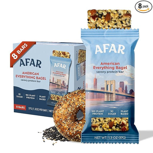 Afar Savory Protein Bars – Low Sugar, High Protein – Healthy Snacks for Adults – Meal Replacement Bar – Rice Crispy Texture – Vegan, Gluten Free (8 Bars, American Everything Bagel)