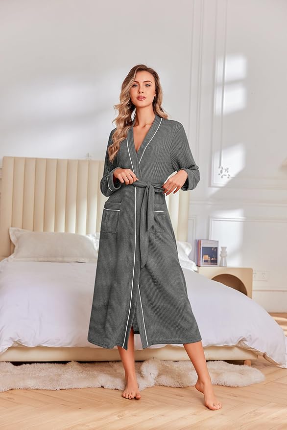 Ekouaer Robes for Women Lightweight Knit Waffle Bathrobe Full Length Kimono Casual Ladies Loungewear