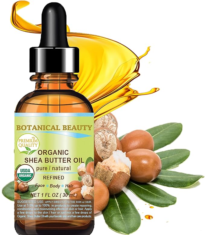 Botanical Beauty Organic SHEA BUTTER OIL 100% Pure Natural Undiluted Refined Cold Pressed Carrier Oil for Face, Skin, Hair, Lip, Nails. African Shea (Karite) Nut Oil (1 Fl Oz)