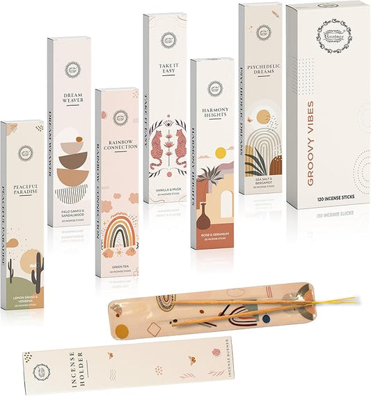 Raajsee Incense Sticks Organic Non Toxic - Pack of 6 Natural Inscents with Insence Holder -120 Sticks, Clean Burn, Boho Gift Set, Palo Santo & Sandalwood, Vanilla Musk, Rose, Green Tea, Lemon Grass