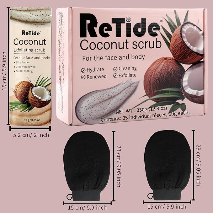 Coconut Body Scrub Gift Set - 35 Packets & 2 Pcs Exfoliating Gloves,Exfoliating & Moisturizing Sugar Scrub for Face & Body, Self Care Gifts for Women
