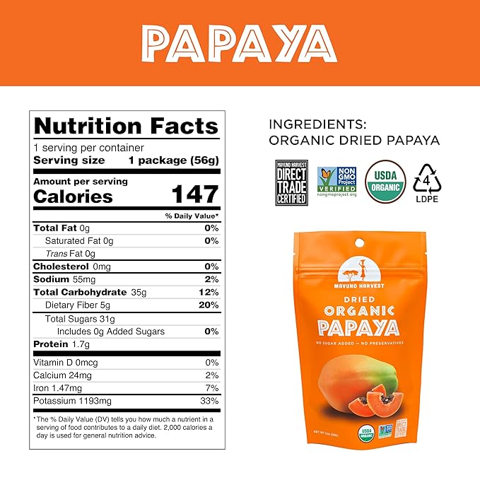 Mavuno Harvest Papaya Dried Fruit Snacks | Organic Dried Papaya Slices | Gluten Free Healthy Snacks for Kids and Adults | No Sugar Added, Vegan, Non GMO, Direct Trade | 2 Ounce, Pack of 3