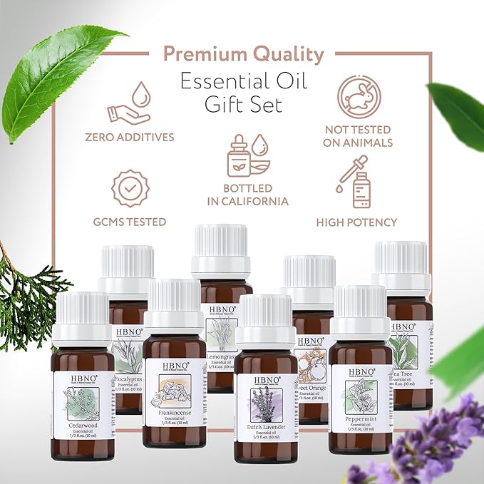 HBNO Essential Oils Set (10ml) - Top 8 Essential Oils. Ideal for Aromatherapy, Soap Making, and More - Cedarwood, Eucalyptus, Frankincense, Lemongrass, Lavender, Orange, Peppermint, Tea Tree