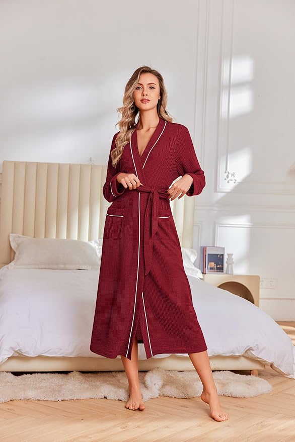 Ekouaer Robes for Women Lightweight Knit Waffle Bathrobe Full Length Kimono Casual Ladies Loungewear