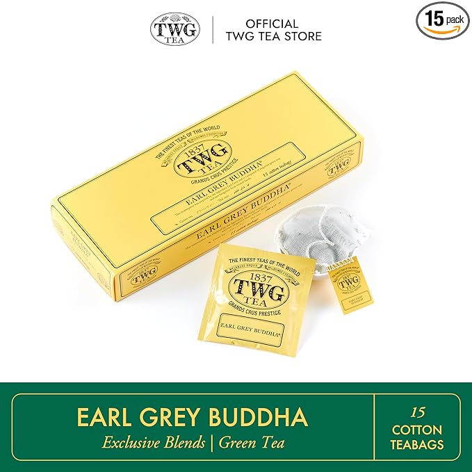TWG Tea | Earl Grey Buddha | Green Tea | Bergamot & Rose Petals | 15 Hand Sewn Cotton Tea Bags | Gift Set