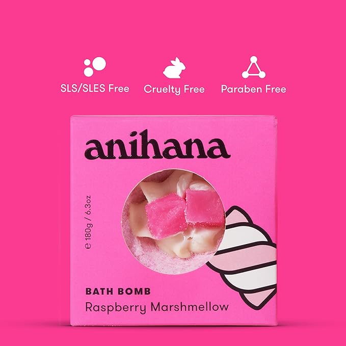 ANIHANA Bath Bomb with Coconut Oil, Paraben Free, Hand-Crafted Luxury Fizzers, Refreshing Raspberry Marshmellow Scent, 6.3 oz