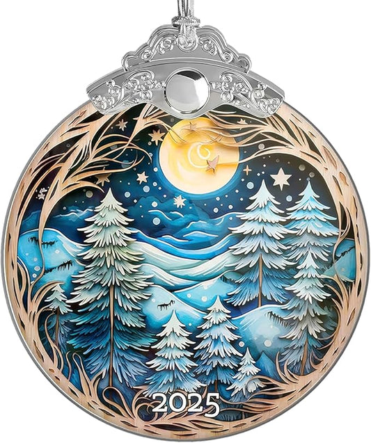 Christmas Ornaments, Winter Night Landscape 2025 Christmas Ornament, Large Acrylic Ornaments for Christmas Tree, White Elephant Gifts, Christmas Decor (Blue Forest)