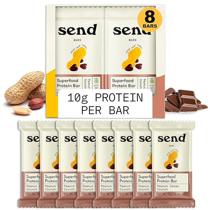 Send Bars Plant-Based Vegan Healthy Protein Bars, With Greens (Peanut Cacao Crunch, 8 Bars) – Only Real Ingredients, Zero Added Sugar, Gluten-Free, Dairy-Free