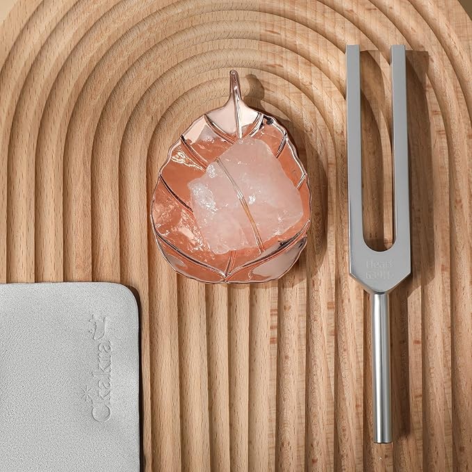 Ckakra Solfeggion Tuning forks with Natural Crystal Kit,Mindfulness Meditation Accessories,Rose Quartz,Calming Tools,639hz Heart Chakra,Bodhi Leaf