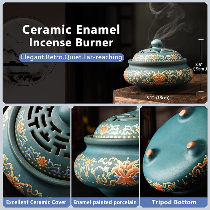 Ceramic Incense Burner with Incense Holder+ Fireproof Cotton,Handmade Smudging Burn Bowl for Stick or Coil Incense,Sage Cones,Frankincense and Mosquito Incense (Enamel)