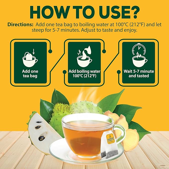 DEDICAD Soursop Leaves Tea Bags with Ginger, 30 Tea bags, 2gr/bag - Non-GMO/Caffeine free - Support Digestion, Well Skin, Immune System