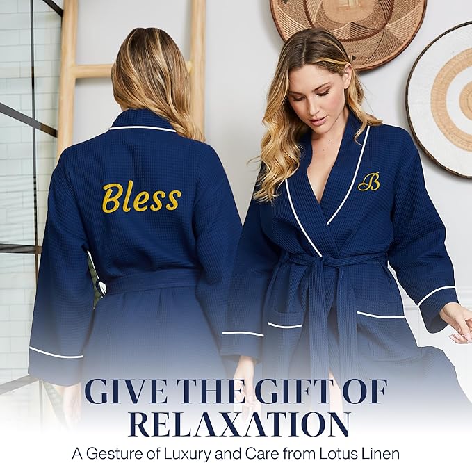 Lotus Linen Waffle Robes for Women - Lightweight Cotton Kimono Bathrobe - Long Soft Spa Bath Robe