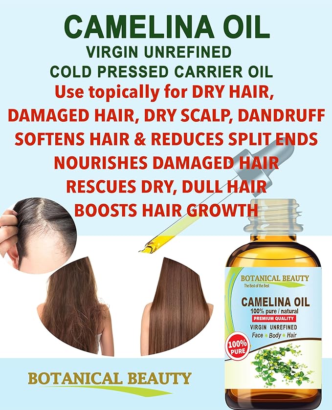 Botanical Beauty CAMELINA OIL 100% Pure Natural VIRGIN UNREFINED Cold-Pressed Carrier Oil 1 Fl oz 30 ml for Face, Skin, Body, Hair, Lip, Nails. Rich in Vitamin E, Omega 3