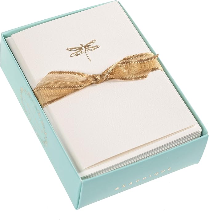 Graphique Dragonfly La Petite Presse Boxed Notecards - 10 Embossed and Embellished Gold Foil Blank Cards with Matching Envelopes, 3.25" x 4.75"