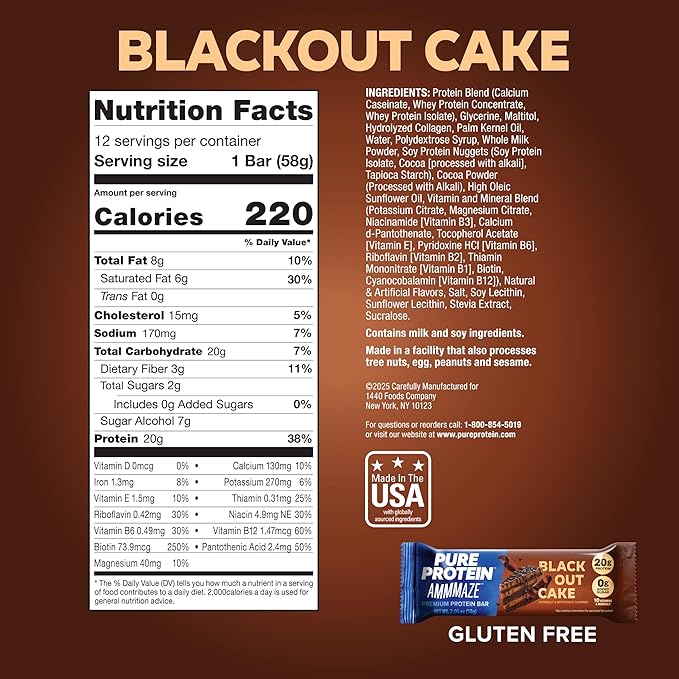 Pure Protein AMMMAZE Blackout Cake Protein Bars, 12 Count – 20g Protein, 3g Fiber, No Added Sugar – Chocolate Meal Replacement - On the Go Snacks