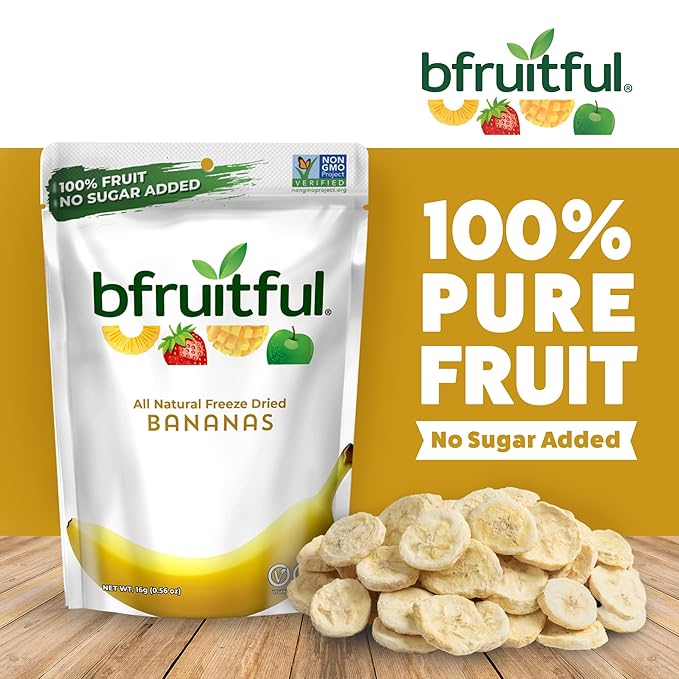 bfruitful Freeze-Dried Banana, Freeze Dried Fresh Fruit Bites, Gluten Free, Vegan, Dairy Free, Kosher, No Sugar Added, Non GMO, Healthy Snacks for Kids or Adults, 0.56 oz Single-Serve Snack Packets, 24 Pack