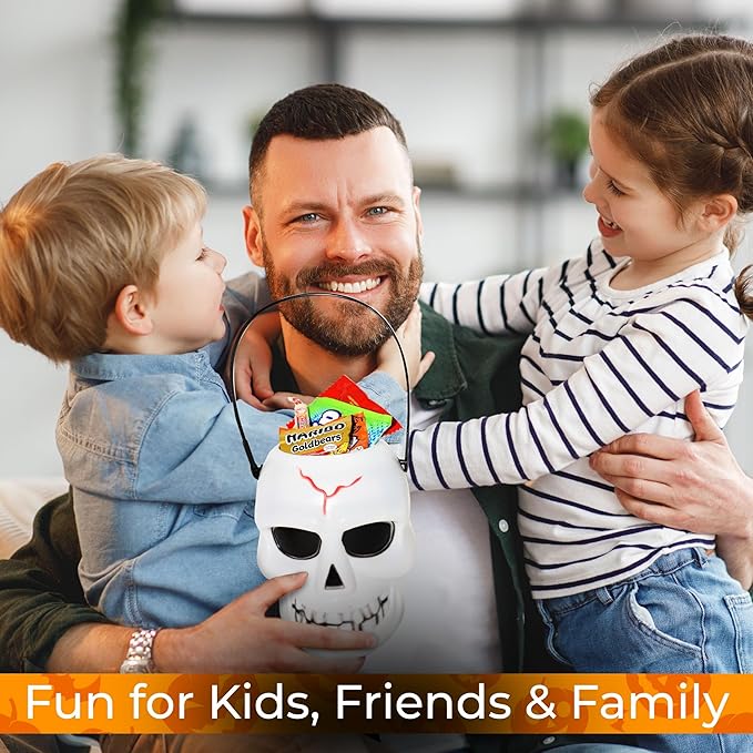 Halloween Assorted Skull Bucket (32 Count) Filled with Candies, Snacks, Cookies and more, Treats for Family, Friends, Kids, Boys and Girls