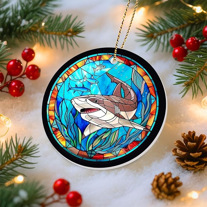 34HD Gifts for Christmas, 2.9"" Ceramic Hanging Ornament for Christmas Tree, Lightweight Both Sides Printed Flat Ornament, Christmas Decoration, Shark
