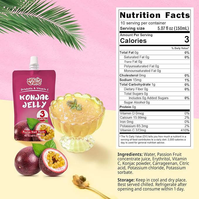 VOLO VERO Konjac Jelly Squeeze Pouch Passion Fruit Flavor, Low Calories (3 Kcal), 10 Packs, Gluten Free & Vegan, 0 Sugar, Keto, Low Carb, Drinkable Vitamin C Healthy Snacks, Holiday Gifts