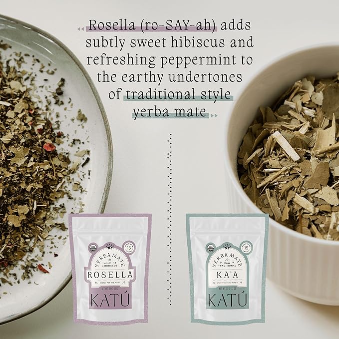 Katú Rosella Teabags, Premium Organic Yerba Mate Tea with Hibiscus, Peppermint, and Stevia Leaves, Vibrant Floral Twist, Natural Energy, 15 Satchets