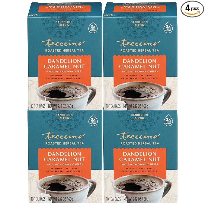 Teeccino Dandelion Caramel Nut Tea - Caffeine Free, Roasted Herbal Tea with Prebiotics, 3x More Herbs than Regular Tea Bags, Gluten Free - 10 Tea Bags (Pack of 4)