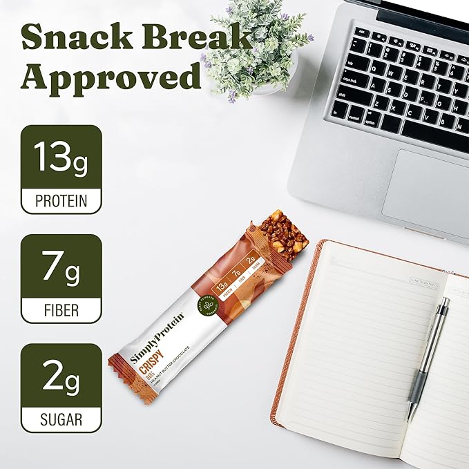Simply Protein - Peanut Butter Chocolate Crispy Bars - Plant Based Protein Bars - Low Carb, Low Sugar, High Fiber - 13g Protein, 2g Sugar, 7g Fiber - Vegan, Gluten Free, Non GMO, Kosher - 12 Bars