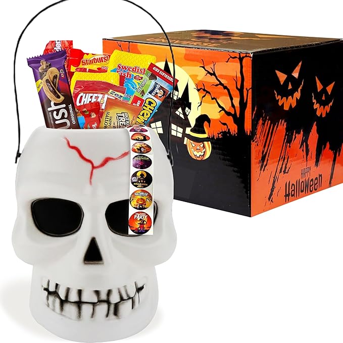 Halloween Assorted Skull Bucket (32 Count) Filled with Candies, Snacks, Cookies and more, Treats for Family, Friends, Kids, Boys and Girls