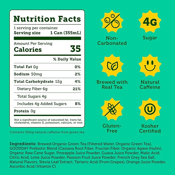 HALFDAY Prebiotic Iced Tea, Tropical Tea, Supports Digestive & Gut Health, Plant Fiber & Prebiotics, Low Sugar, 30 Calories, Natural Caffeine, Gluten Free, 12 fl oz (12 pack) Packaging May Vary