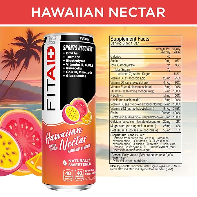 FITAID Post Workout Recovery Drink, Hawaiian Nectar, Passion Fruit, Orange & Guava, BCAAs, Glucosamine, Electrolytes, 40 Calories, 12 Fl Oz (Pack of 12)