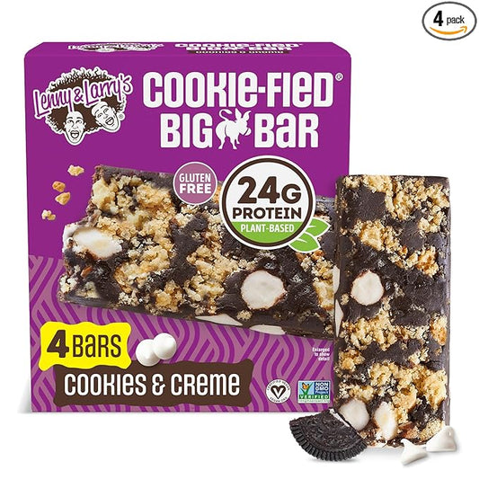 Lenny & Larry's Cookie-fied BIG BAR – Cookies and Creme Vegan Protein Bars 4x90g – Healthy Snacks, 24g Plant Protein & 10g Prebiotic Fiber – Gluten free Power Bar, Vegan