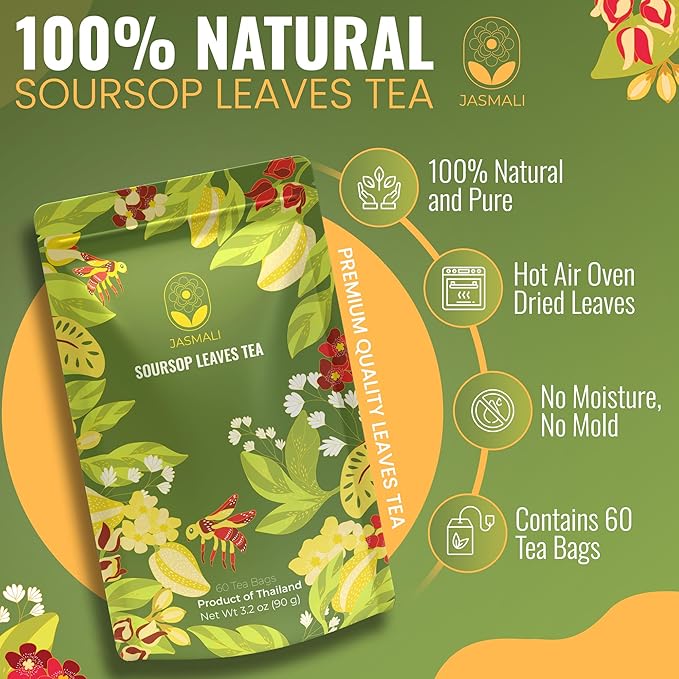 Jasmali Soursop Tea - 60 Dried Soursop Leaves Tea Bags, Herbal Tea, Hoja de Guanabana, Vacuum Sealed, Sourced from Thailand, Caffeine Free, Gluten Free