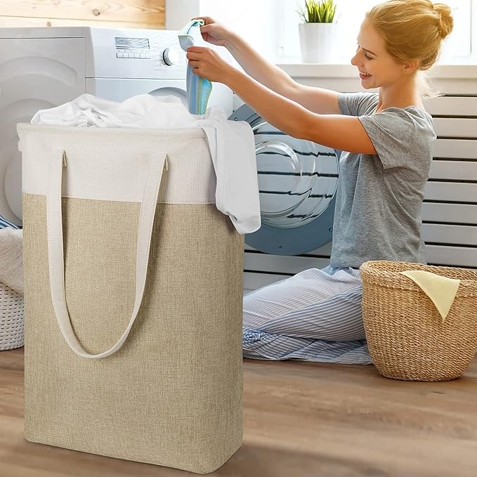 Laundry Hampers Tall Slim Laundry Baskets Thin Foldable Clothes Narrow Hamper for Laundry Storage Organizer Collapsible Hamper with White and Brown Imitated Burlap Patchwork,QY-SC24-2
