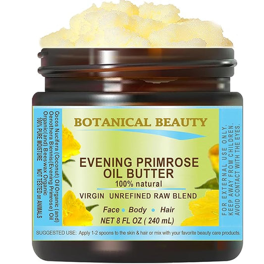 Botanical Beauty EVENING PRIMROSE OIL BUTTER Pure Natural Virgin Unrefined RAW for FACE, SKIN, BODY, DAMAGED HAIR, NAILS. (8 Fl Oz)