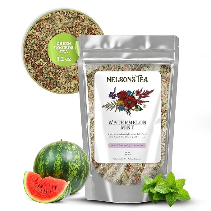 Nelson's Tea Watermelon Mint Tea Loose Leaf - Caffeine Free Green Rooibos Tea with Spearmint, Echinacea, Linden Leaf, Coriander, Safflower and Eucalyptus (3.2 oz)