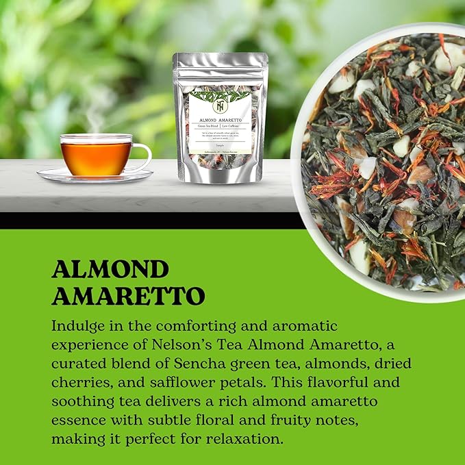 Nelson's Tea Almond Amaretto - Herbal Green Loose Leaf Tea, Curated Blend with Sencha Green Tea, almonds, Dried Cherries, and Safflower - Perfect for Bedtime Brew (Sample 0.3 Oz)