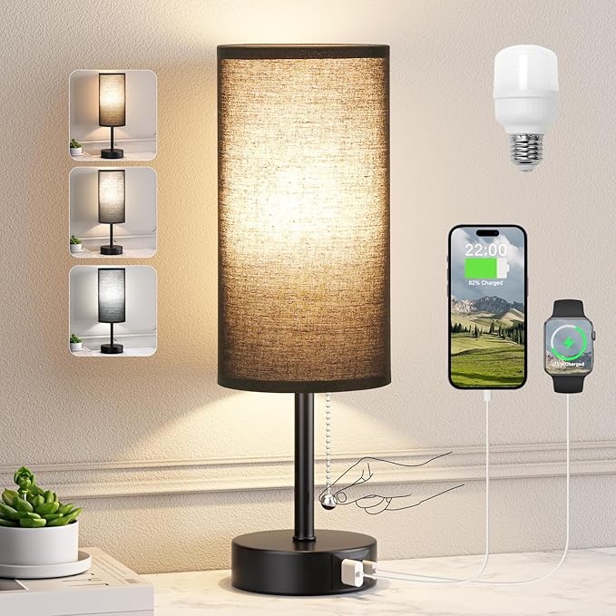 Black Bedside Lamp for Bedroom Nightstand - Small Table Lamp with USB A + C Charging Port, 3 Color Temperatures Pull Chain Night Stand Light with Bulb， Side Table Desk Reading Lamp for Living Room