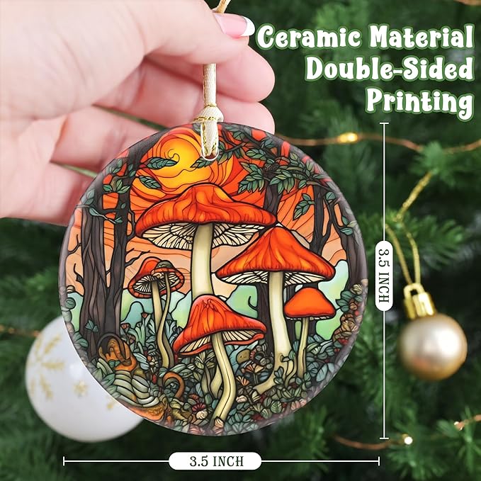 Ceramic Mushroom Christmas Ornament, 3.5 Inch Hanging Decor for Tree, Gift Exchange Present