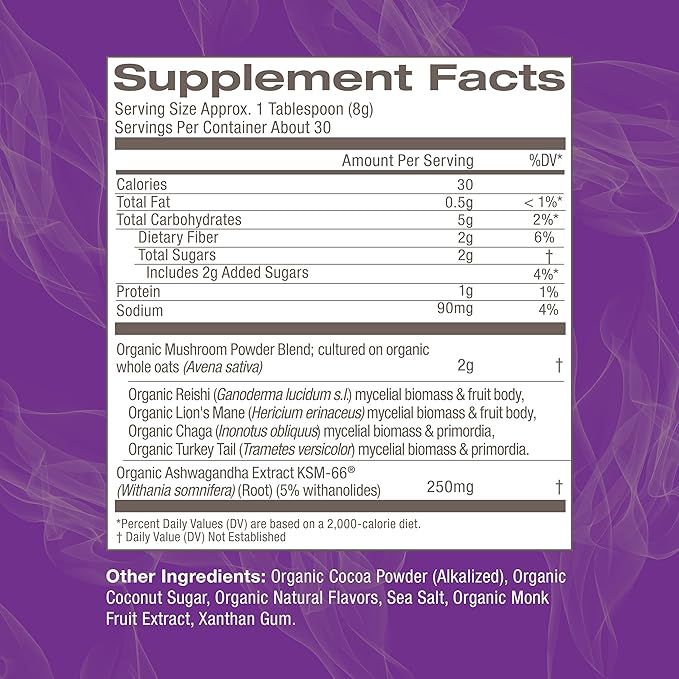OM MUSHROOM SUPERFOOD Hot Chocolate Blend Mushroom Powder, 8.47 Ounce Canister, 30 Servings, Cocoa, 2g of Sugar, 25 Calories, Lion's Mane, Reishi, Chaga, Turkey Tail, Focus and Stress Support