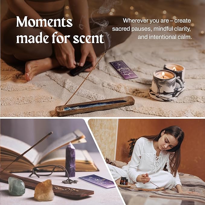 Lunar Soul Incense Sticks with Holder - Incense Stick Variety Pack of 6 (120 Insence-Sticks): Bergamot, Cedar, Jasmine, Lavender, Rose, Frankincense – Calm Mind, Meditation & Aromatherapy