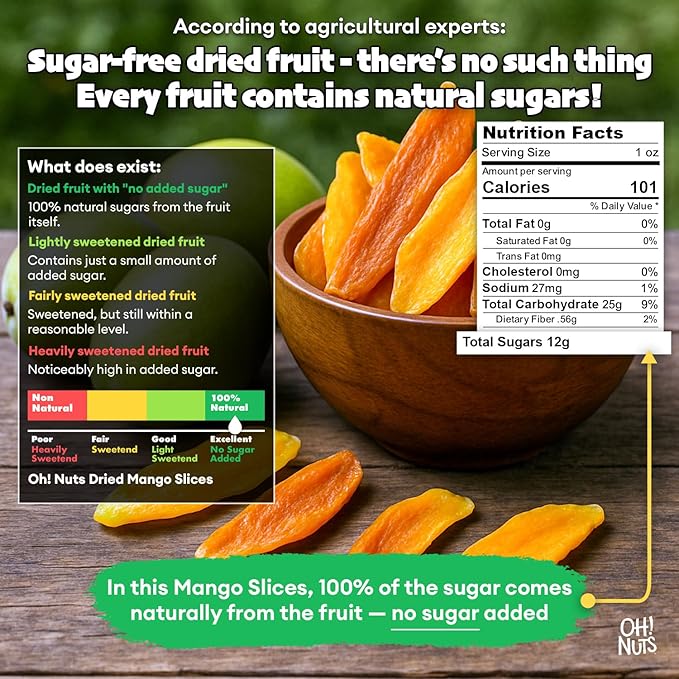 Oh! Nuts Dried Mango Gourmet Natural - 1 lb - Dried Fruit Slices - No Sugar Added - Dehydrated Fruit Bites - Packed in New York Zip-Seal Bag for Exceptional Freshness