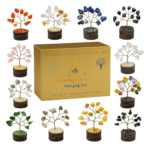 Amazing Gemstone Crystals and Healing Stones Birthday Gifts for Women - Set of 12 Crystal Tree of Life Home Decor Stocking Stuffers, Bookshelf, Room, Meditation Gift for Mom, Unique Birthday Gifts