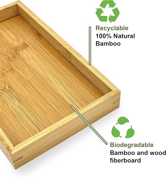 Bam & Boo Natural Bamboo Serving Tray Modern Rectangular (Bamboo, 9.8” x 5.9" x 1.2") for Food, Drinks, Decor, Vanity in Home, Kitchen, Bathroom, Coffee Table, Bed