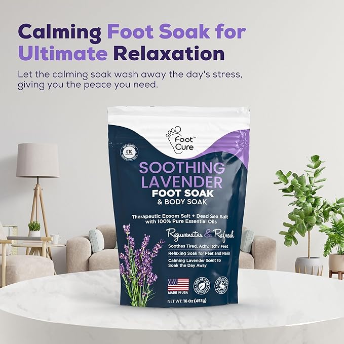 FOOT CURE Soothing Lavender Foot Soak - Pedicure Foot Spa with Epson Salts for Soaking Feet - Foot Massager Spa - Foot Scrubber Dead Skin Remover - Epsom Salt Bath Soak (Pack of 2)