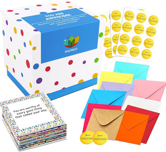 70 Inspirational Cards with Envelopes & Stickers – 3.5x3.5 Positive Affirmation Notes in Gift Box – Encouragement, Gratitude, Motivation.
