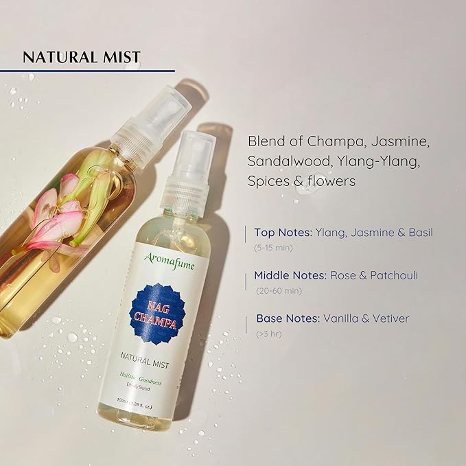 Nag Champa Natural Mist Spray by Aromafume | 100 ml / 3.3oz | Made with Sandalwood, Jasmine, Ylang Ylang & Champa flower extracts | Ideal for meditation and rituals | Non-alcoholic, non-toxic & vegan