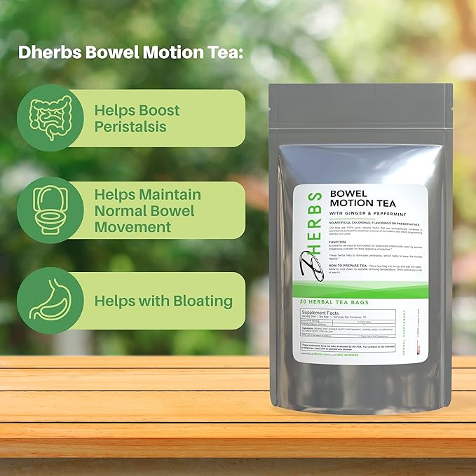 Dherbs Bowel Motion Tea Detox Drink, 20 Herbal Tea Bags (1 Pack) - Made with Senna Leaf, Ginger Root, Peppermint & More for Colon & Stomach Cleanse